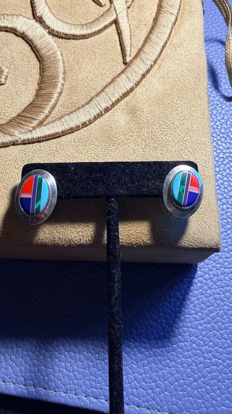 Ella Peter Navajo Sterling Silver Multi-Stone Inlay Oval Stud Earrings